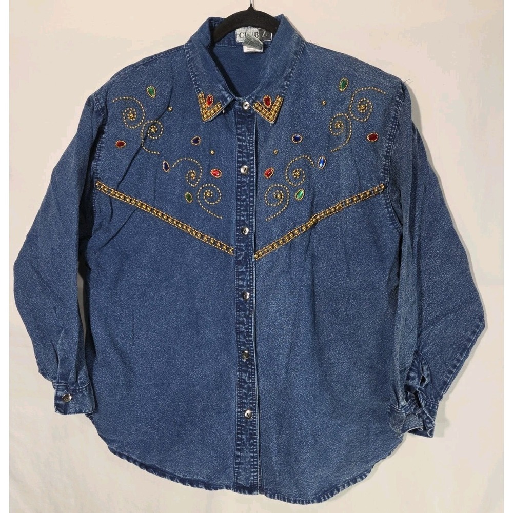 Club Z Denim Shirt Women 2X Blue Rockabilly Western Beaded Gemstone‎ Button Down